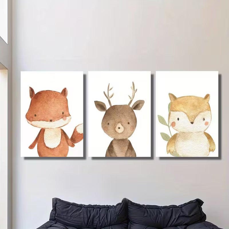 3pcs Adorable Cartoon Woodland Animals Wall Art Set Canvas Framed 40x60cm - High Quality Print 100% Australian Made Wall Canvas Ready to Hang - Bella Home Decor