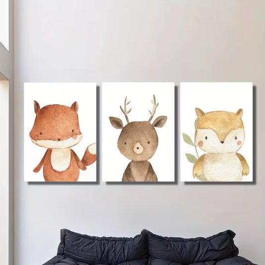 3pcs Adorable Cartoon Woodland Animals Wall Art Set Canvas Framed 40x60cm - High Quality Print 100% Australian Made Wall Canvas Ready to Hang