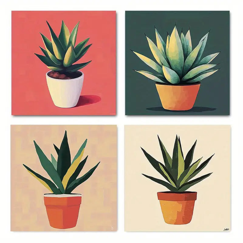 4pcs Painting Aloe Ver Wall Art Canvas Framed