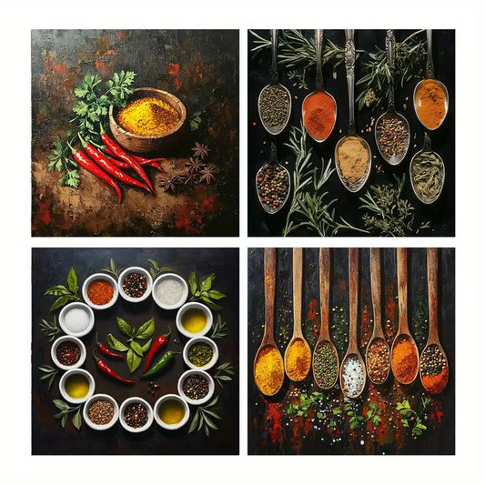 4pcs  Floral Spice & Herb Themed Posters Wall Art Canvas Framed