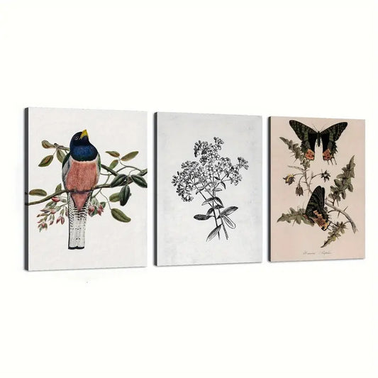 3pcs  Bird, Nature Vintage Style Plants Animal, Butterflies Dancing Metal Print Ready to Hang Art