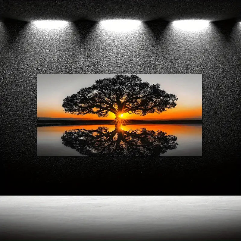 Black and White Oak Tree Sunset Wall Art canvas office home room framed 120x60cm - Bella Home Decor