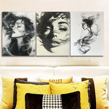 3pcs Beautiful Woman Made Of Smoke And Mist Metal Print Ready to Hang Art - Bella Home Decor
