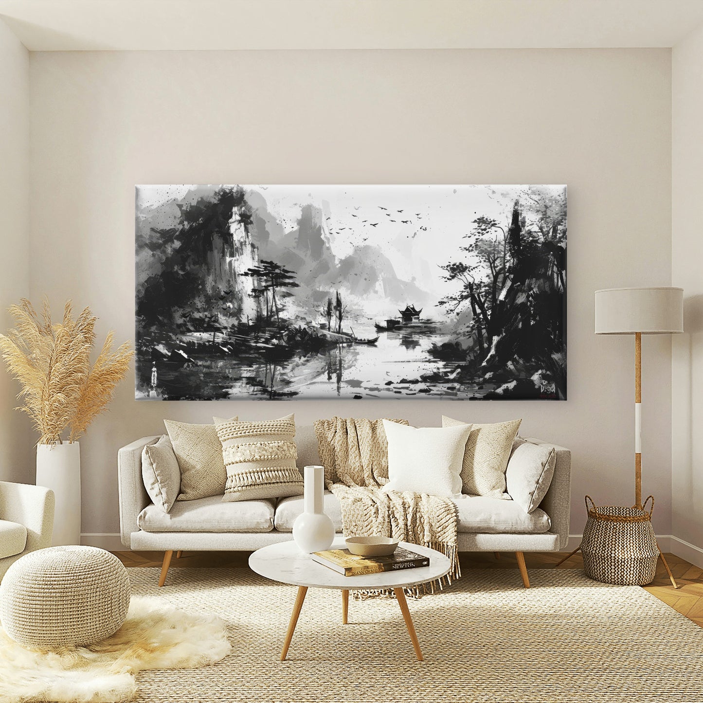 Waterside Mountain Ink Painting Wall Art Canvas Office Home Room Framed 120x60cm