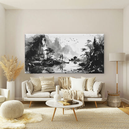 Waterside Mountain Ink Painting Wall Art Canvas Office Home Room Framed 120x60cm