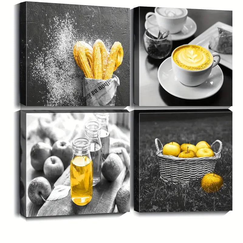 4pcs Food & Beverage Themed Black And White Wall Art Canvas Framed
