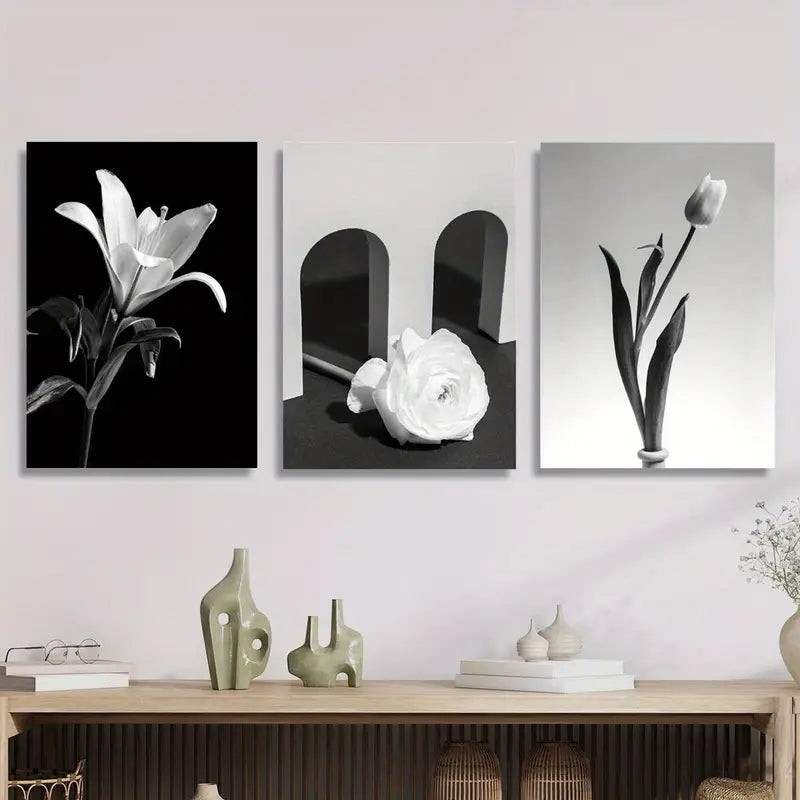 3pcs Black And White Botanical Bouquet Metal Print Ready to Hang Art - Bella Home Decor