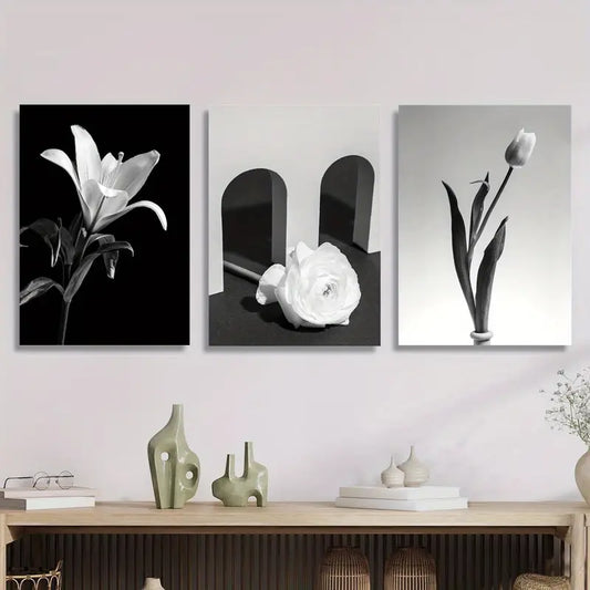 3pcs Black And White Botanical Bouquet Metal Print Ready to Hang Art