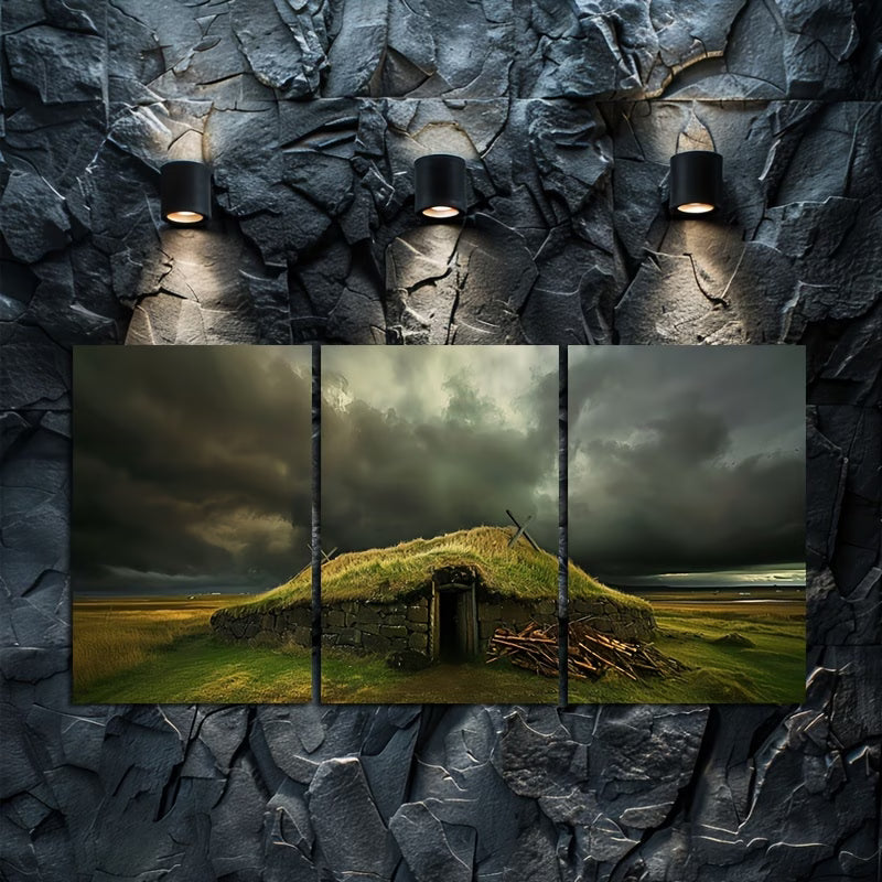 3pcs Icelandic Viking House Wall Art Set Canvas Framed 40x60cm - High Quality Print 100% Australian Made Wall Canvas Ready to Hang