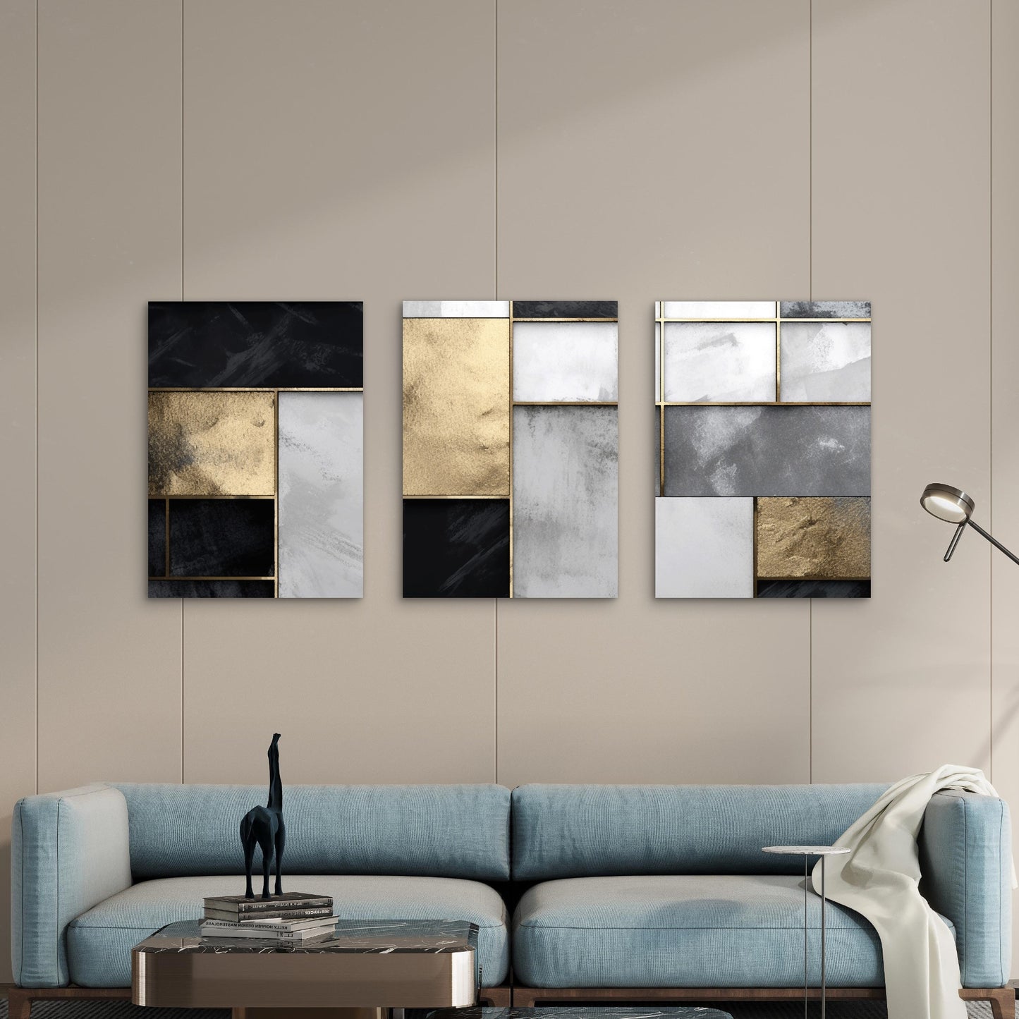 3pcs Modern Geometric Black Gold Abstract   Wall Art Set Canvas Framed 60x90cm - High Quality Print 100% Australian Made Wall Canvas Ready to Hang