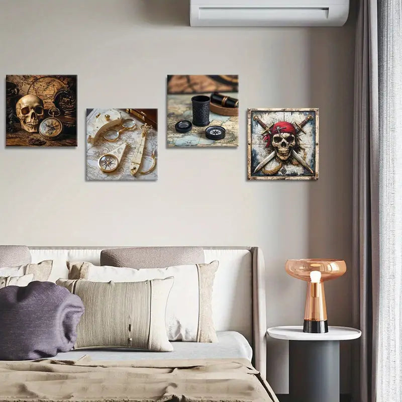 4pcs Skull Art Prints, Compass Canvas Print Wall Art Canvas Framed