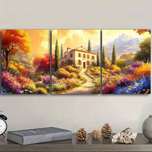 3pcs Watercolor Italian Countryside Vibrant Blossoms Metal Print Ready to Hang Art