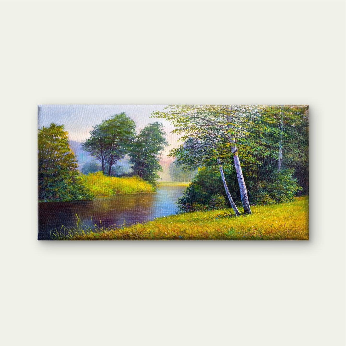Birch Tree River Nature Oil Painting Wall Art Canvas Office Home Framed 120x60cm