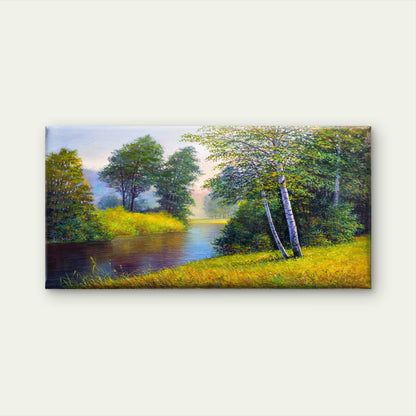 Birch Tree River Nature Oil Painting Wall Art Canvas Office Home Framed 120x60cm