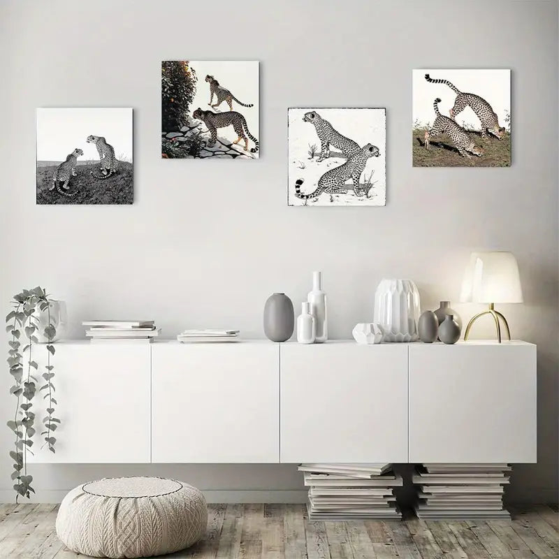 4pcs Black And White Cheeta Picture Wall Art Canvas Framed