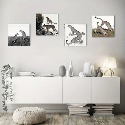 4pcs Black And White Cheeta Picture Wall Art Canvas Framed