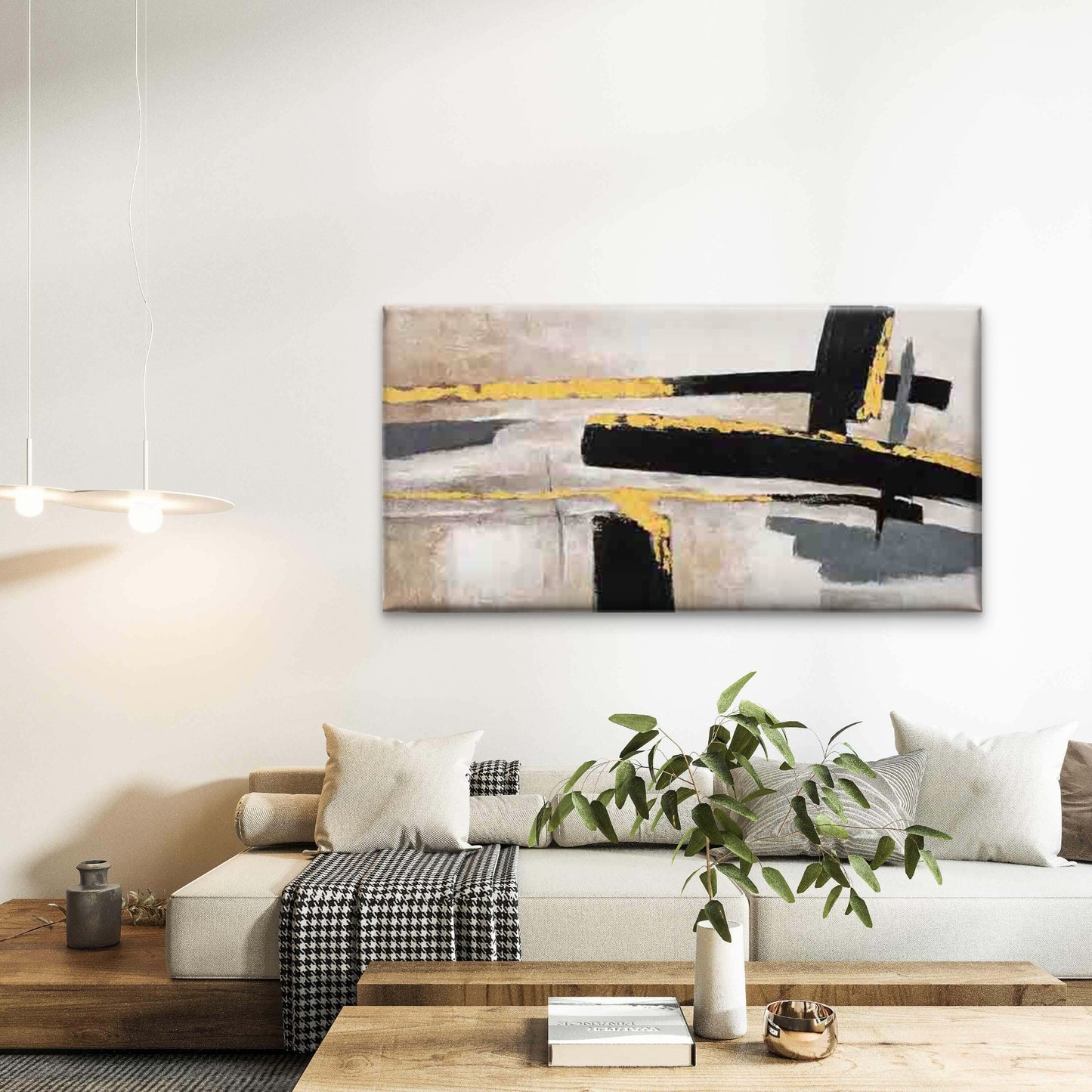 Abstract Yellow Accent Neutral Wall Art Canvas Office Home Room Framed 120x60cm - Bella Home Decor