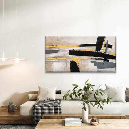 Abstract Yellow Accent Neutral Wall Art Canvas Office Home Room Framed 120x60cm - Bella Home Decor