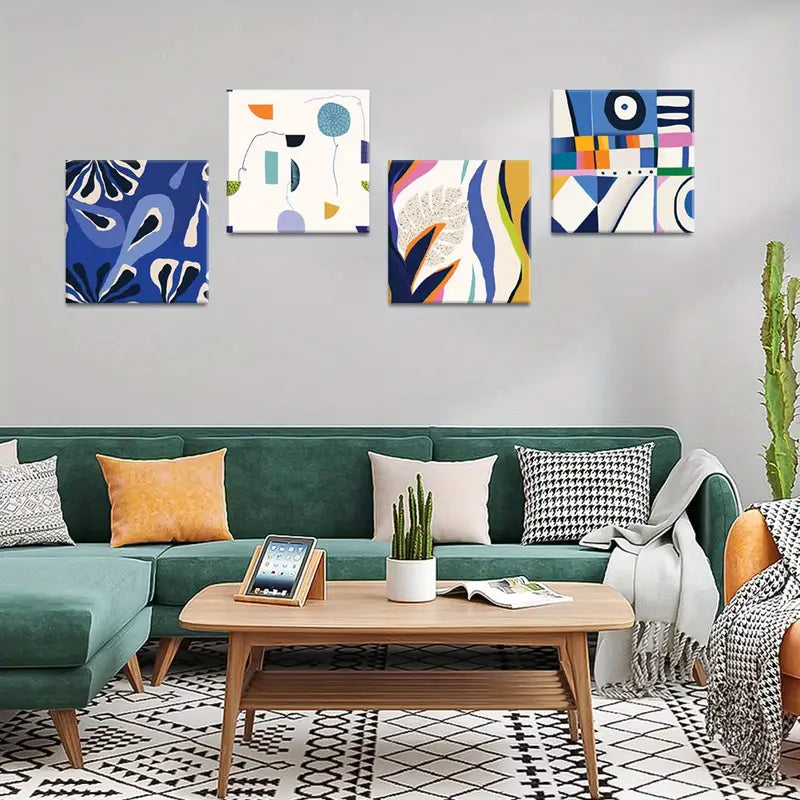 4pcs  Blue Tone Colorful Lines Wall Art Canvas Framed