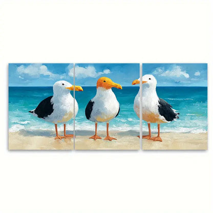 3pcs Seamless Beach Seagulls Coastal Ocean Wall Art Set Canvas Framed 60x90cm - High Quality Print 100% Australian Made Wall Canvas Ready to Hang