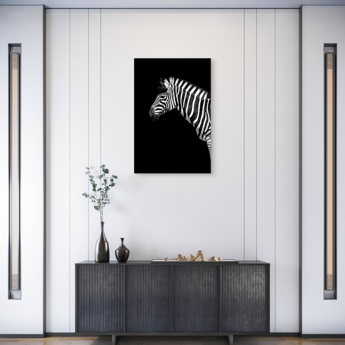 A Black and White Photo of a Zebra 60x90cm Metal Print Ready to Hang