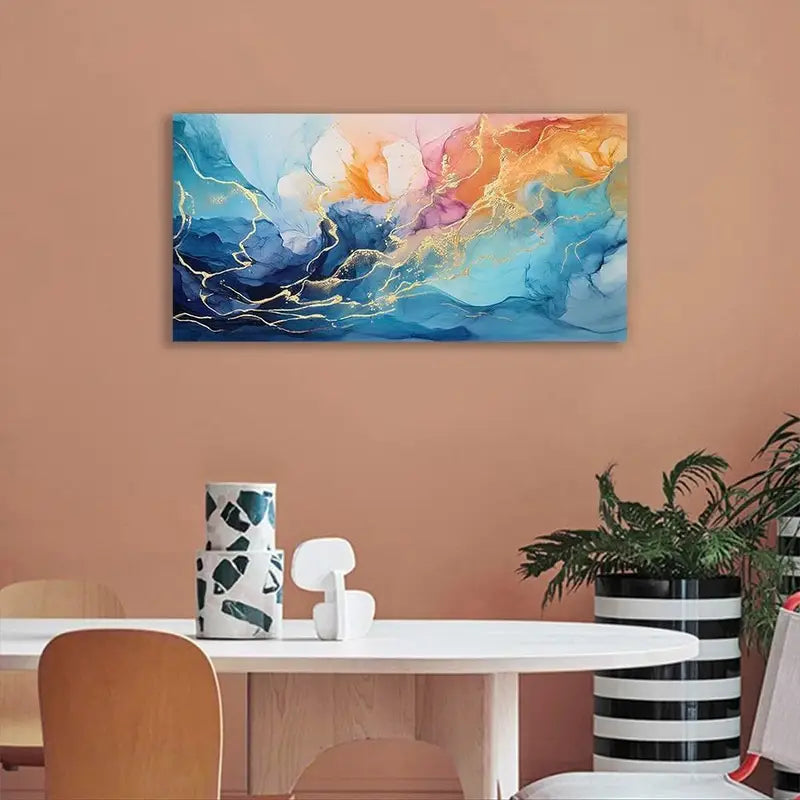 Abstract Golden Foil Vibrant Fantasy Colorful Dynamic Golden Lines Wall Art canvas office home room framed 120x60cm - Bella Home Decor