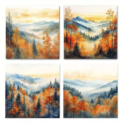 4pcs Vibrant Fall Foliage & Mountain Scenes Wall Art Canvas Framed