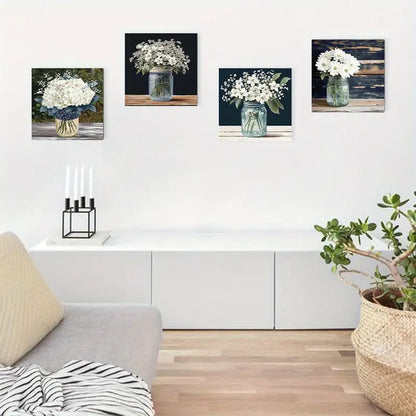 4pcs Elegant White Flower Mason Jar Wall Art Canvas Framed