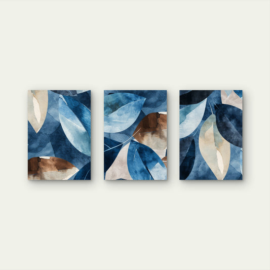 3pcs Abstract Navy Blue Beige Leaves Wall Art Set Canvas Framed 50x70cm - High Quality Print 100% Australian Made Wall Canvas Ready to Hang