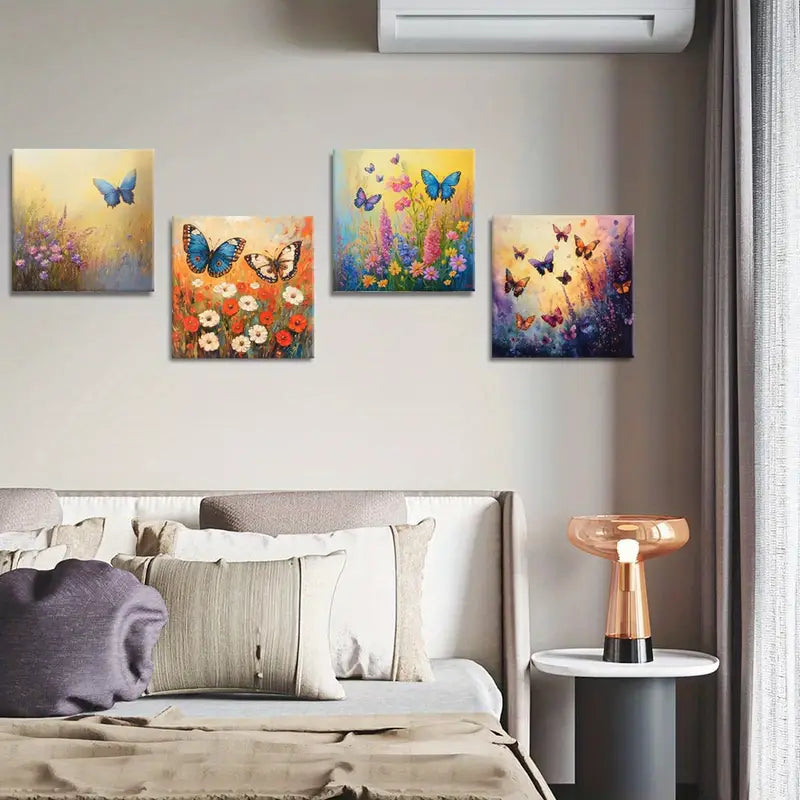 4pcs Wildflowers   Butterfly  Vibrant Colors  Wall Art Canvas Framed
