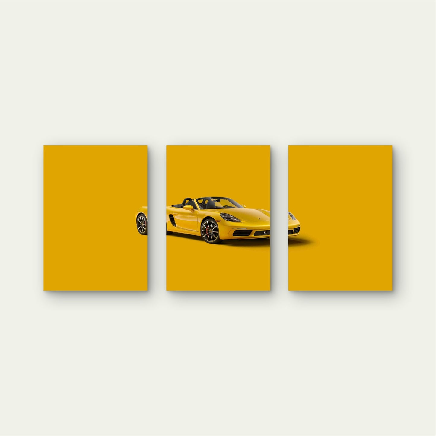 3pcs Mustard European Convertible Sports Car Metal Print Ready to Hang Art