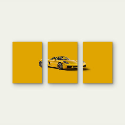 3pcs Mustard European Convertible Sports Car Metal Print Ready to Hang Art