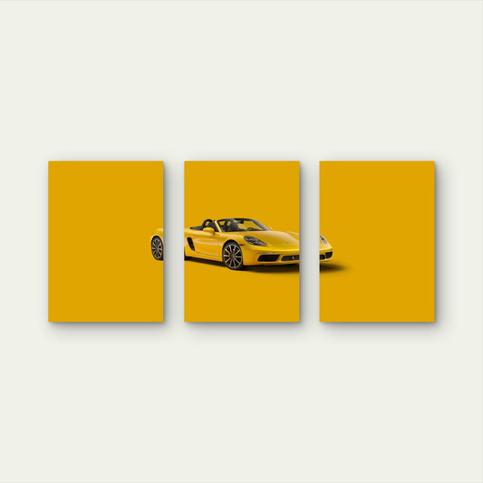 3pcs Mustard European Convertible Sports Car Metal Print Ready to Hang Art