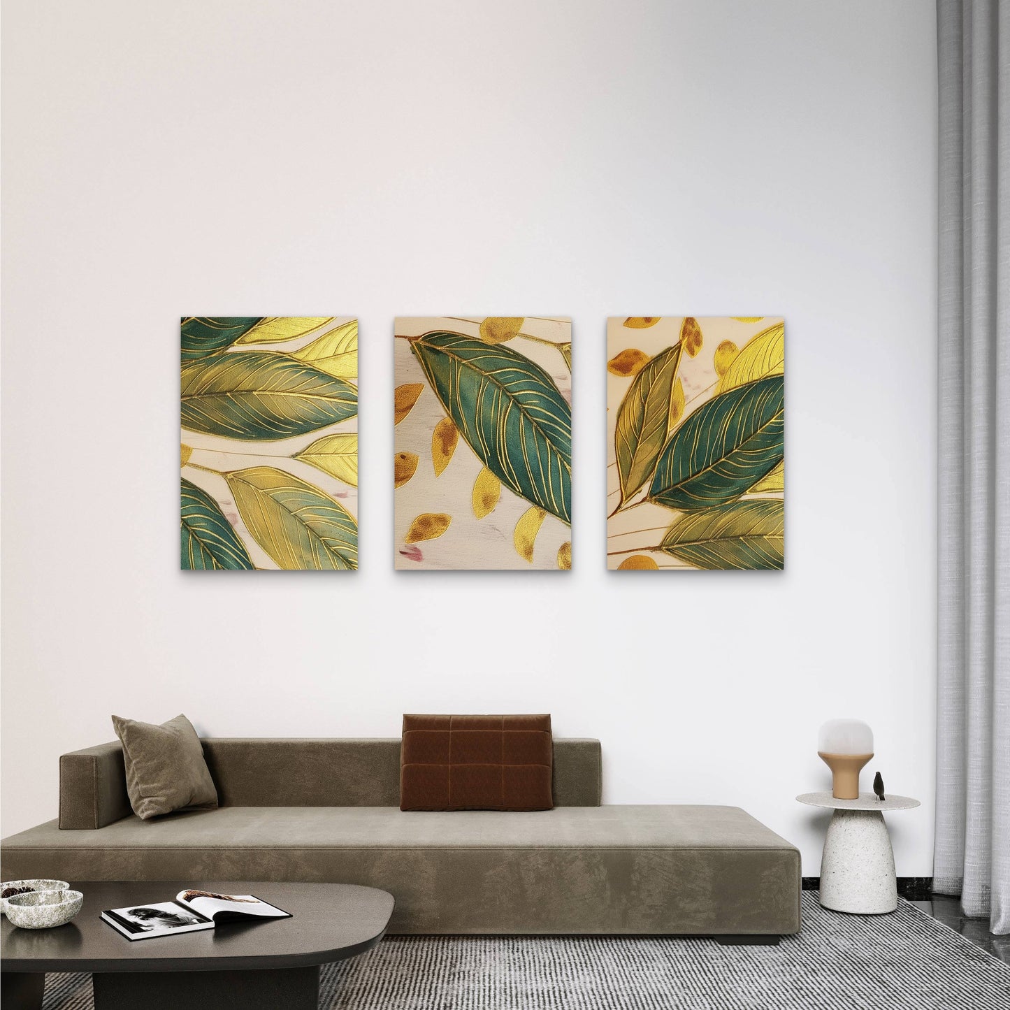 3pcs Abstract Green Gold Leaf Tropical Plant Wall Art Set Canvas Framed 40x60cm - High Quality Print 100% Australian Made Wall Canvas Ready to Hang