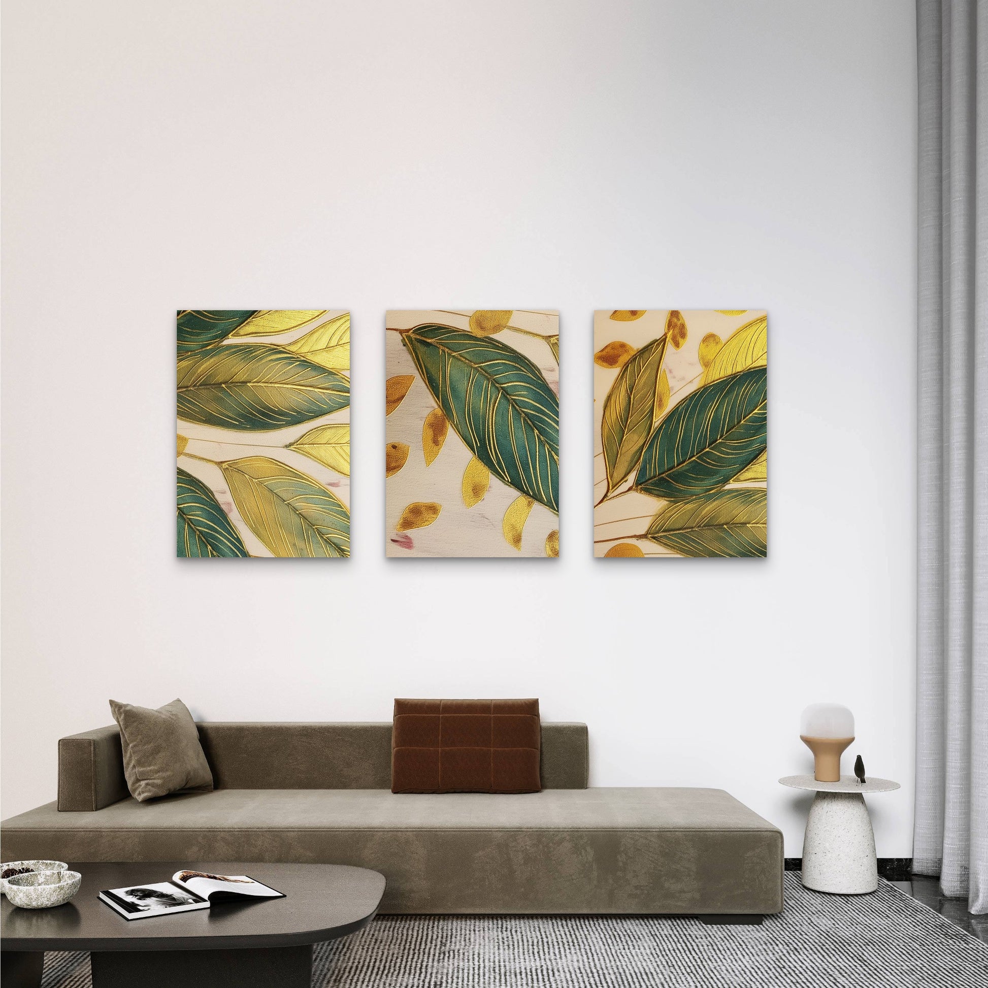 3pcs Abstract Green Gold Leaf Tropical Plant Wall Art Set Canvas Framed 50x70cm - High Quality Print 100% Australian Made Wall Canvas Ready to Hang