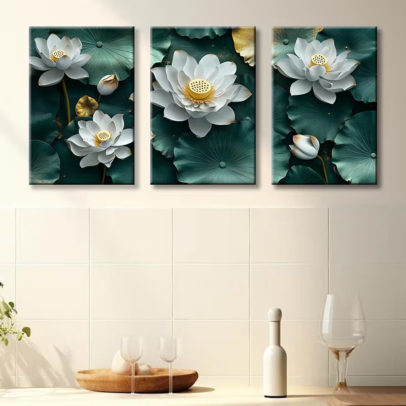 3pcs White Lotus leaves Wall Art Set Canvas Framed 40x60cm - High Quality Print 100% Australian Made Wall Canvas Ready to Hang