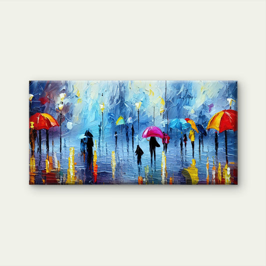 Rainy Street Colorful Umbrella Wall Art Canvas Office Home Room Framed 120x60cm