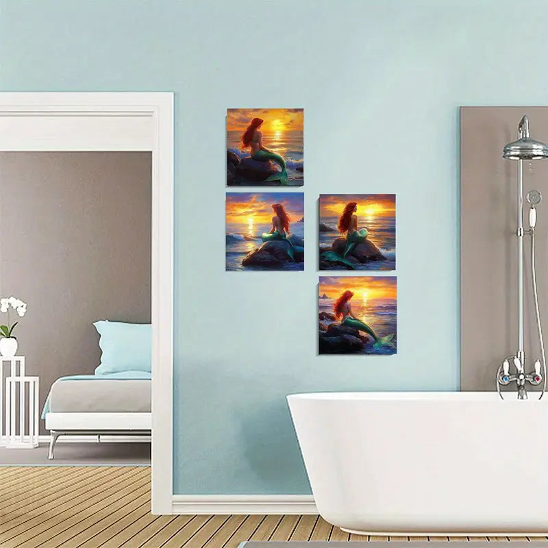 4pcs  Mermaid Sunset Sea  DF    Wall Art Canvas Framed