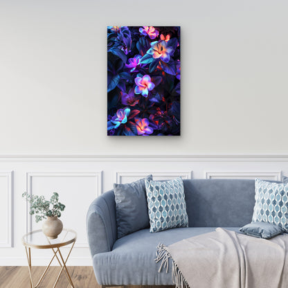Neon-Lit Depiction of Plumeria Rubra Flowers 40x60cm Metal Print Ready to Hang