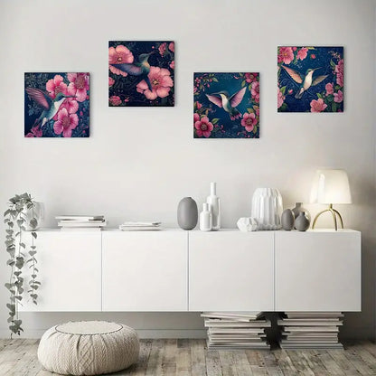 4pcs Hummingbirds & Flowers Wall Art Canvas Framed