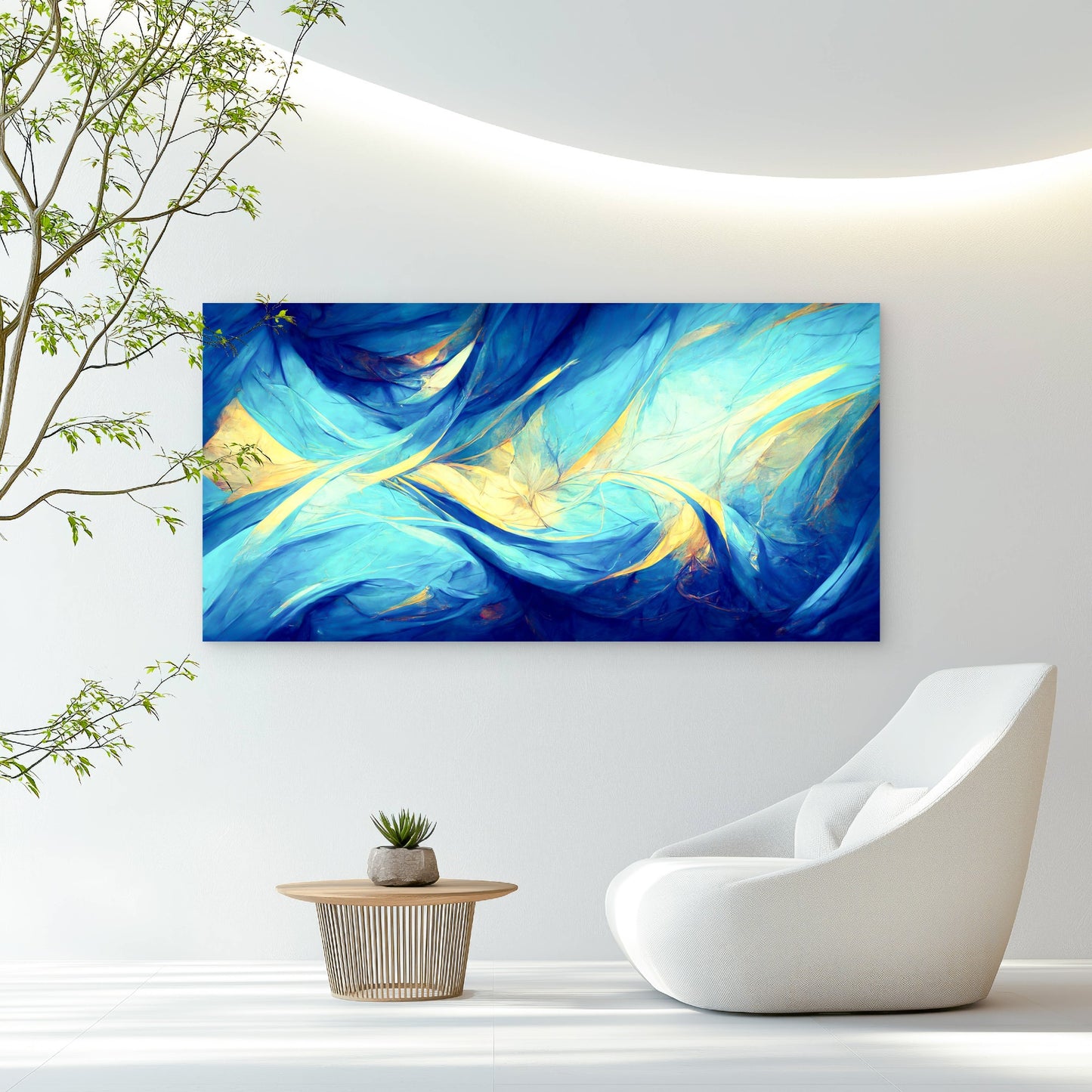 Blue Gold Flowing Waves Wall Art Canvas Office Home Room Framed 120x60cm