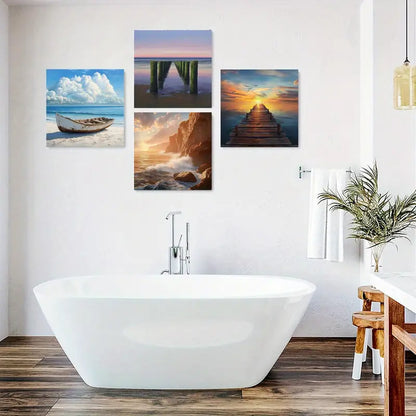 4pcs Sunset Square Wall Art, Seascape Wall Art Canvas Framed