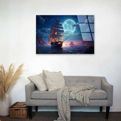 Sailing Ship Full Moon Night Glass Printing Wall Art Australian Made Quality