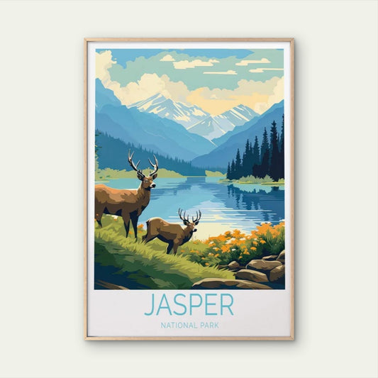 Jasper National Park, Deer & River Art Travel Poster Print Wall Art - Bella Home Decor
