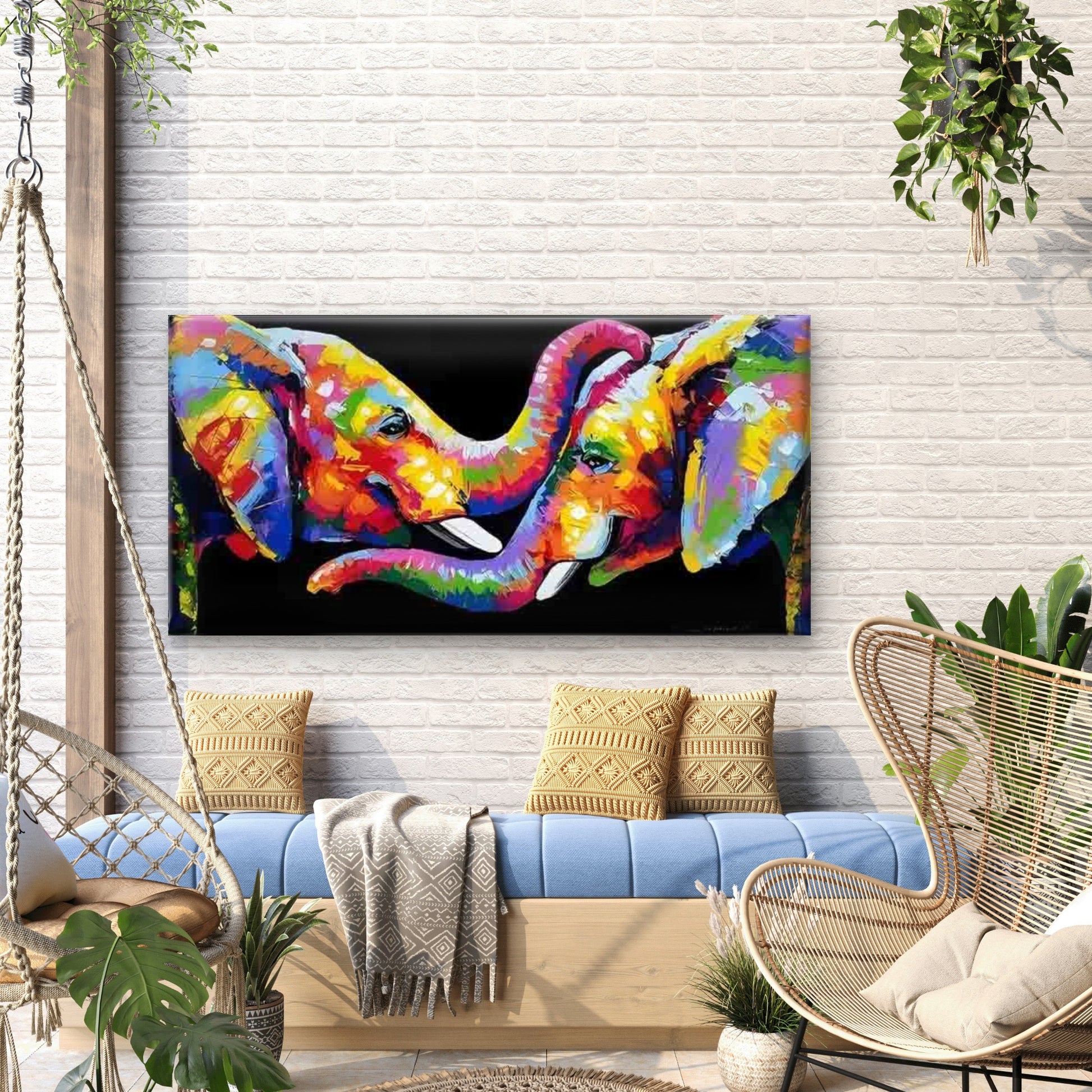 Colorful Abstract Elephants Wall Art Canvas Office Home Room Framed 120x60cm - Bella Home Decor