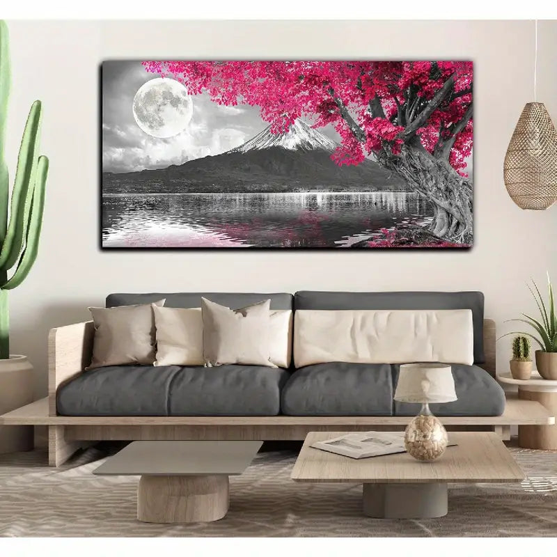 Pink Tree Night Sky Full Moon Mountain Wall Art canvas office home room framed 120x60cm - Bella Home Decor