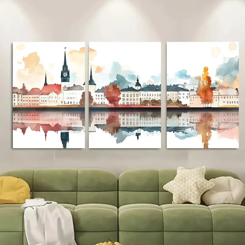 3pcs Vibrant Watercolor Cityscape Metal Print Ready to Hang Art