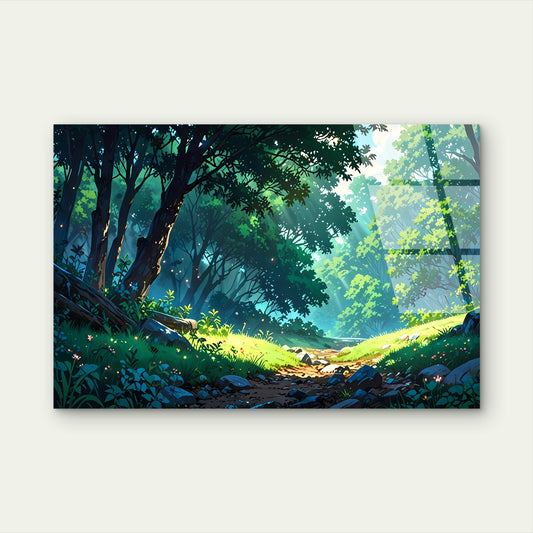 Anime Forest Path Sunbeam Woodland Acrylic Glass Printing Wall Art Australian Made Quality