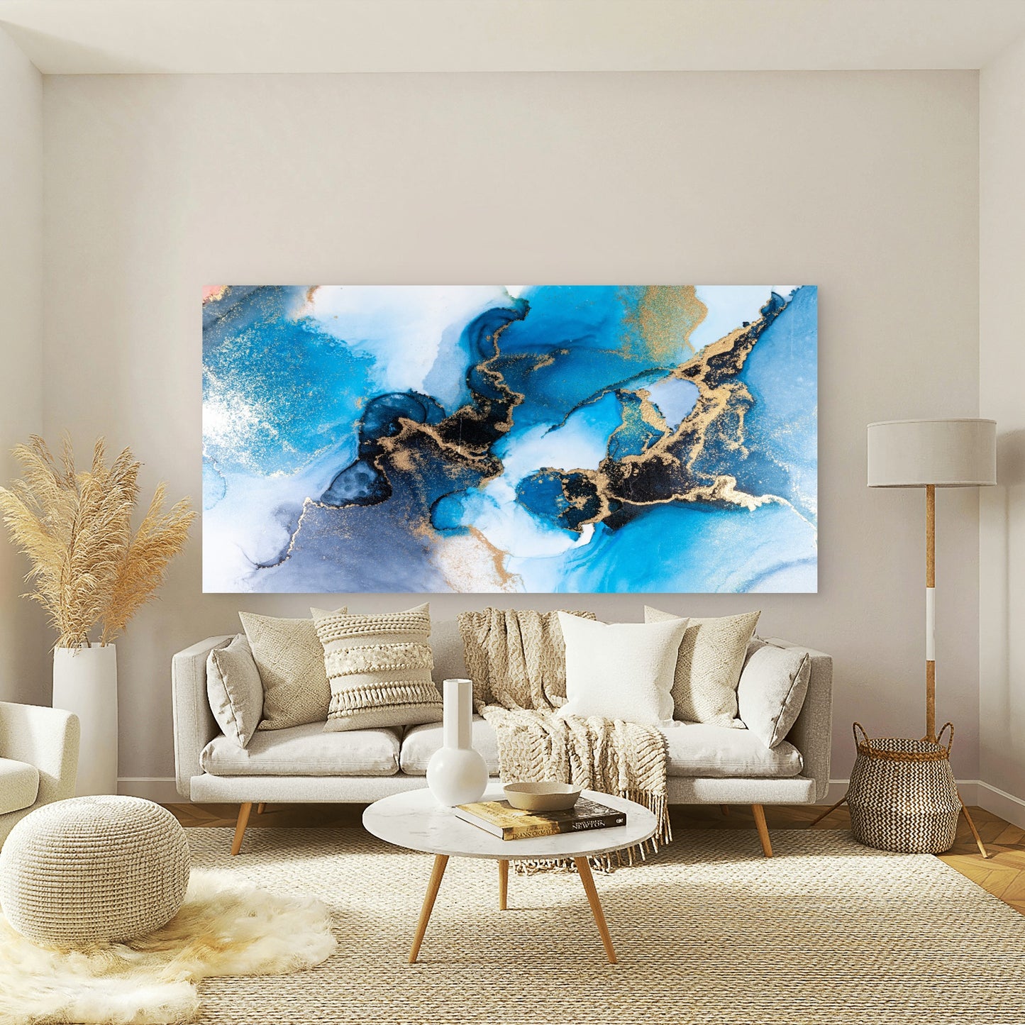 Ocean Blue Gold Marble Ink Wall Art Canvas Office Home Room Framed 120x60cm