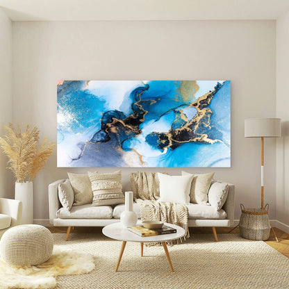 Ocean Blue Gold Marble Ink Wall Art Canvas Office Home Room Framed 120x60cm